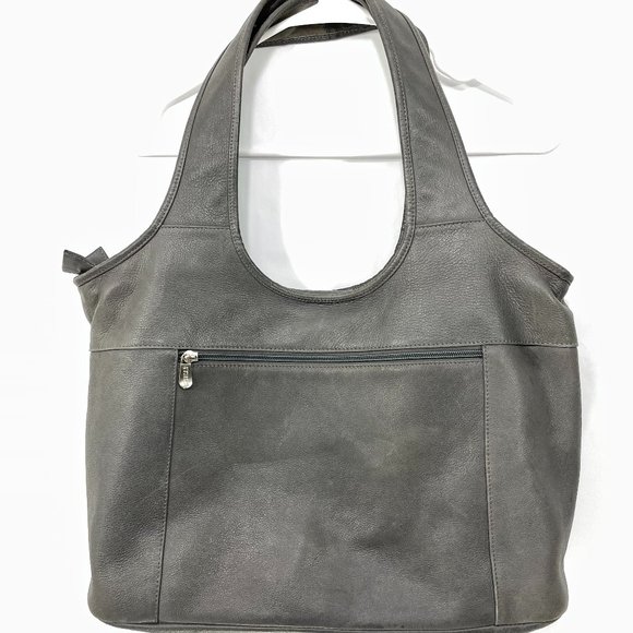 Piel Colombian Leather Shoulder Bag Gray Zippered Medium Laptop Tote - Picture 4 of 11